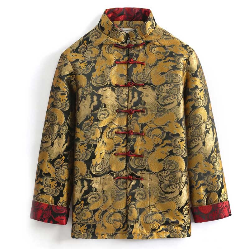 Winter Dragon Jacquard Warm Frog-Button Long Sleeve Men's Jacket With Pockets