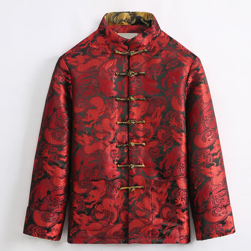 Winter Dragon Jacquard Warm Frog-Button Long Sleeve Men's Jacket With Pockets