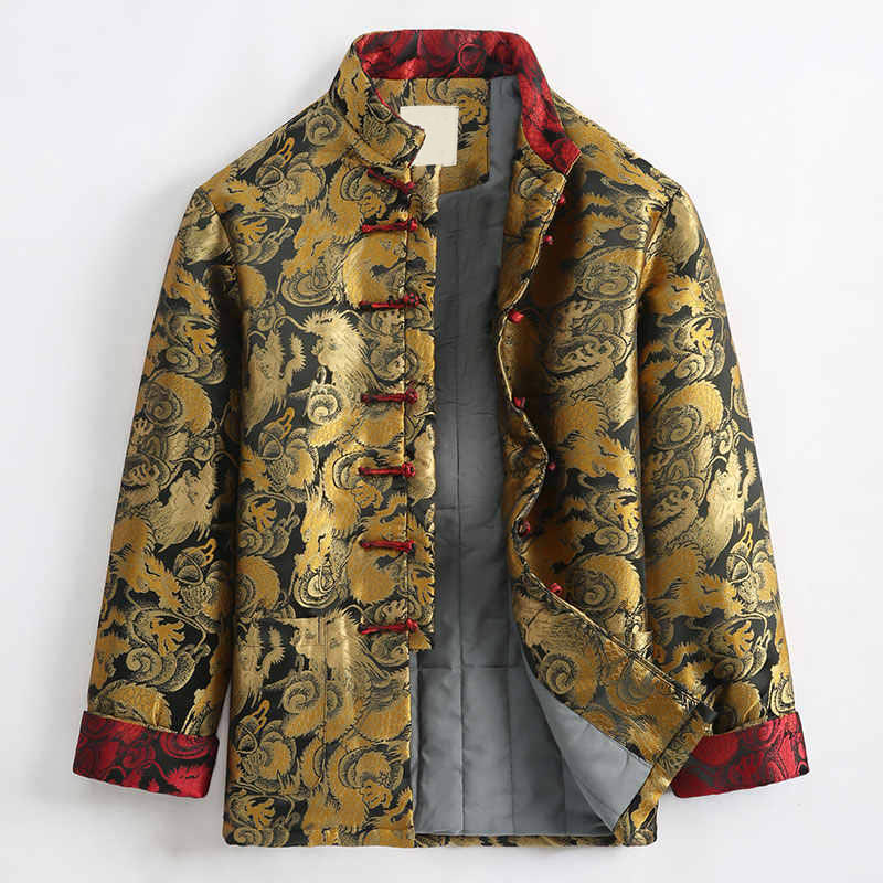 Winter Dragon Jacquard Warm Frog-Button Long Sleeve Men's Jacket With Pockets