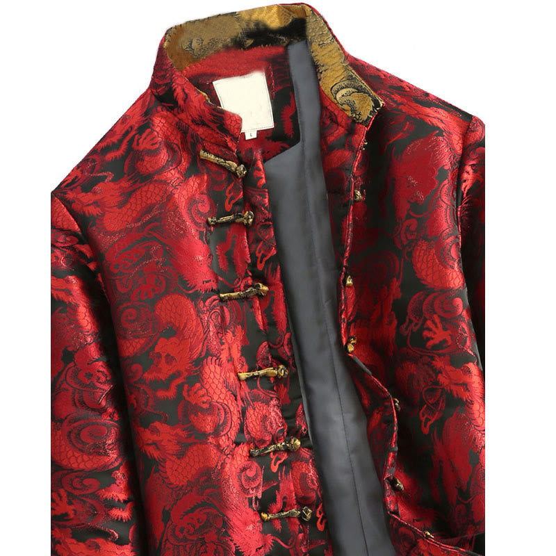 Winter Dragon Jacquard Warm Frog-Button Long Sleeve Men's Jacket With Pockets