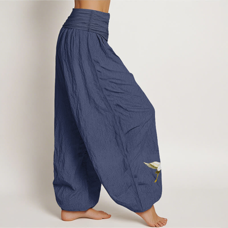 Cotton Crane Print Harem Pants with Adaptive Modal Waistband
