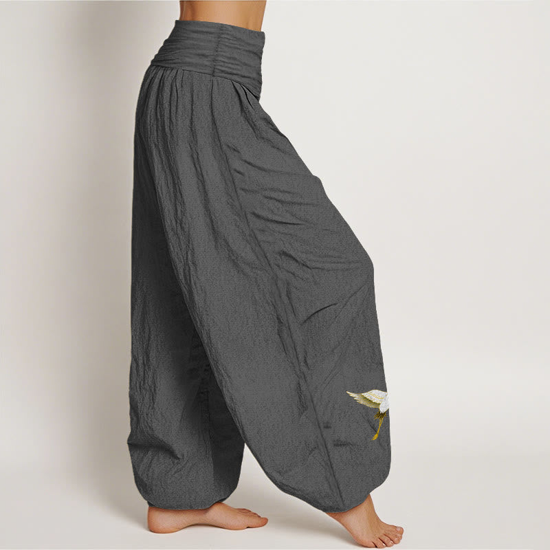 Cotton Crane Print Harem Pants with Adaptive Modal Waistband