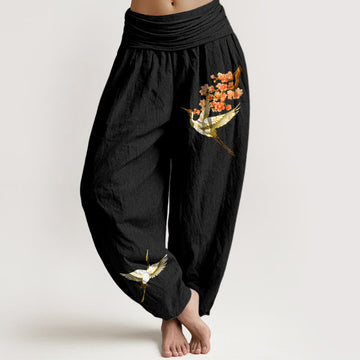 Cotton Crane Print Harem Pants with Adaptive Modal Waistband