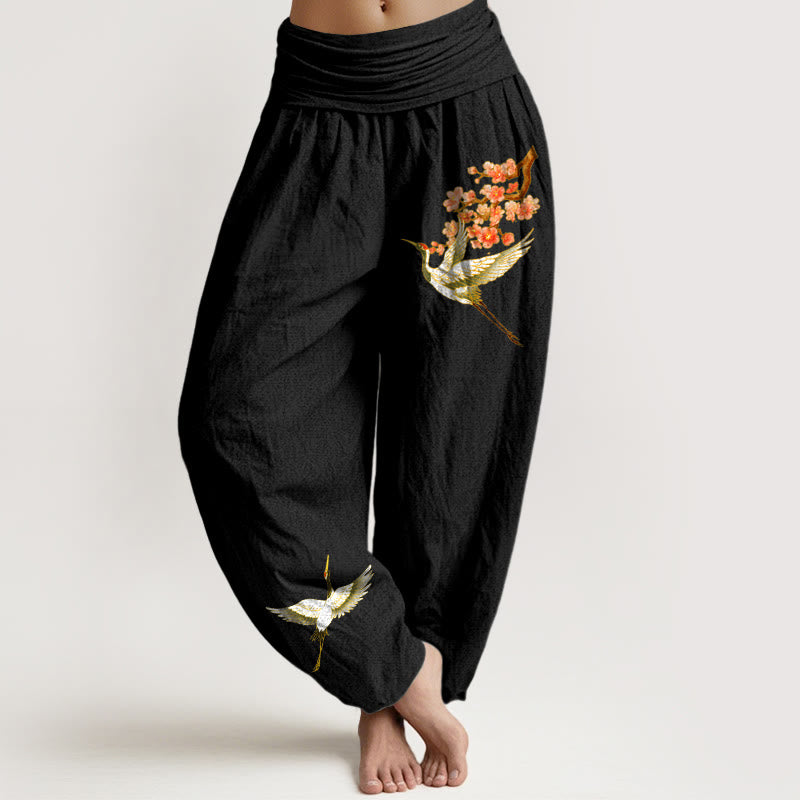 Cotton Crane Print Harem Pants with Adaptive Modal Waistband