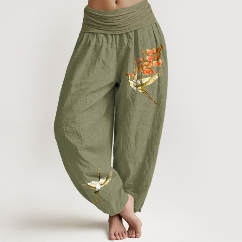 Cotton Crane Print Harem Pants with Adaptive Modal Waistband