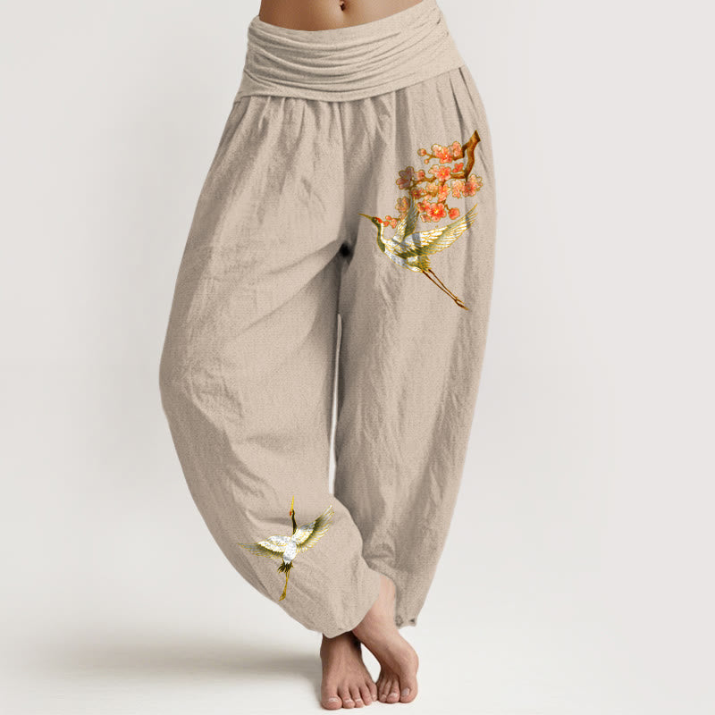 Cotton Crane Print Harem Pants with Adaptive Modal Waistband