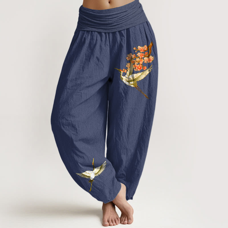 Cotton Crane Print Harem Pants with Adaptive Modal Waistband