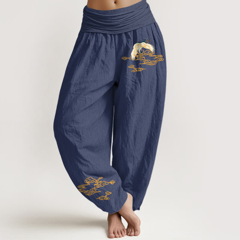 Plain Crane Auspicious Clouds Pattern Women's Elastic Waist Harem Cotton Pants