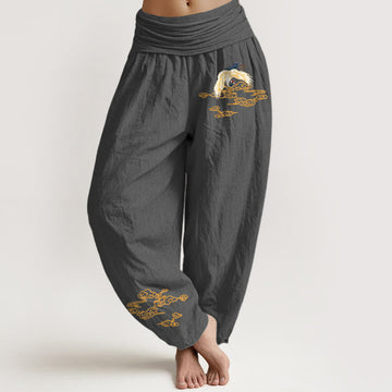 Plain Crane Auspicious Clouds Pattern Women's Elastic Waist Harem Cotton Pants