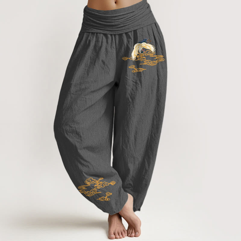 Plain Crane Auspicious Clouds Pattern Women's Elastic Waist Harem Cotton Pants