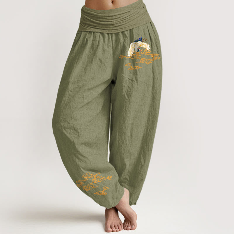 Plain Crane Auspicious Clouds Pattern Women's Elastic Waist Harem Cotton Pants