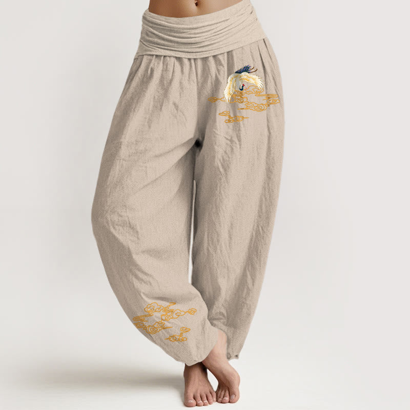 Plain Crane Auspicious Clouds Pattern Women's Elastic Waist Harem Cotton Pants