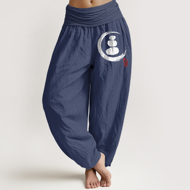 Ensō Circle Stacked Stones Pattern Women's Elastic Waist Harem Cotton Pants