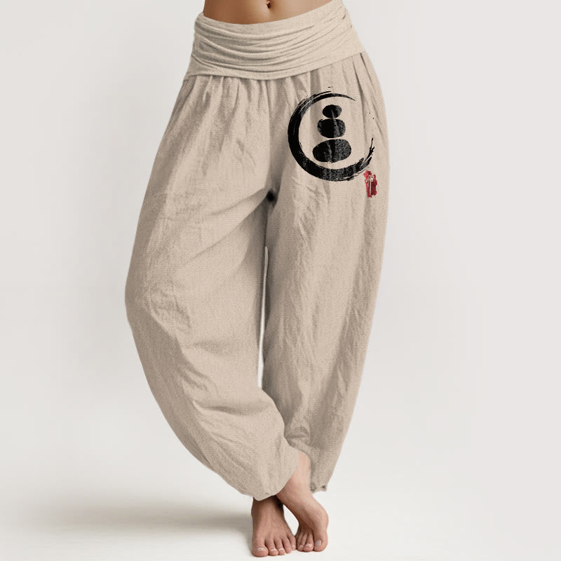 Ensō Circle Stacked Stones Pattern Women's Elastic Waist Harem Cotton Pants