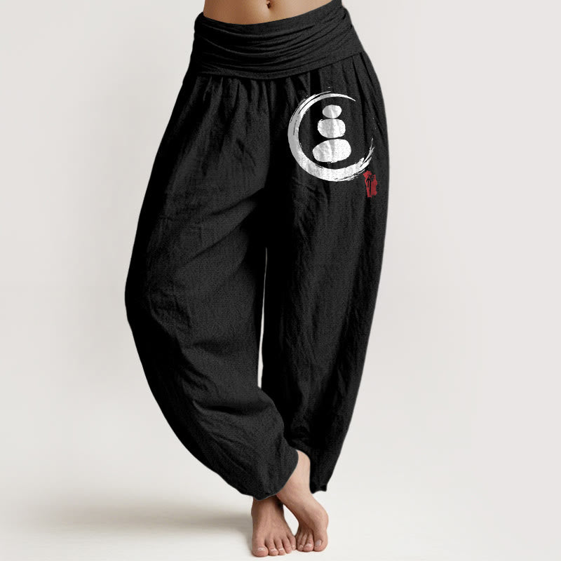 Ensō Circle Stacked Stones Pattern Women's Elastic Waist Harem Cotton Pants