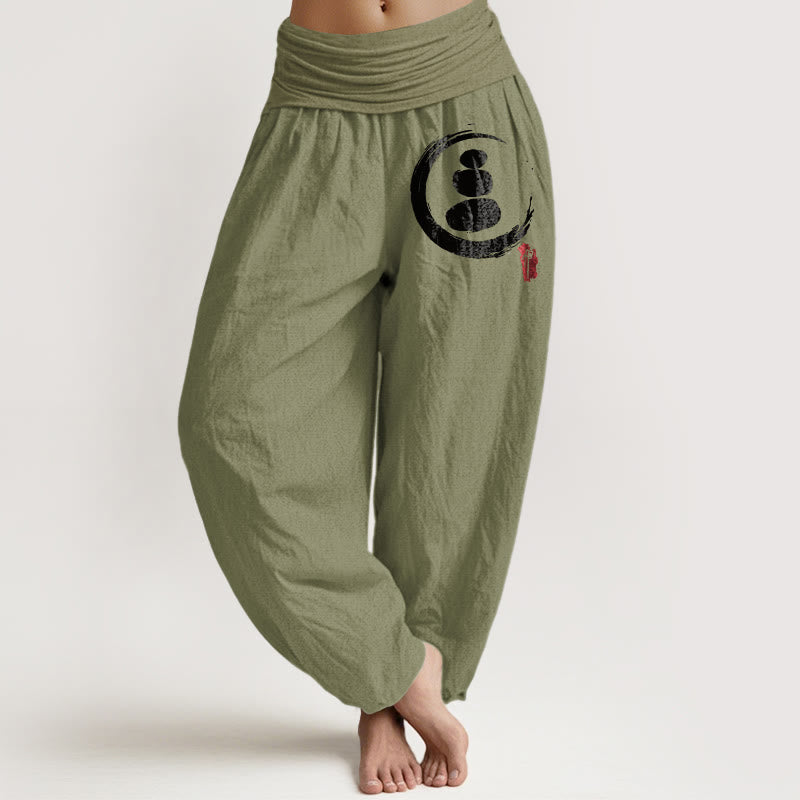 Ensō Circle Stacked Stones Pattern Women's Elastic Waist Harem Cotton Pants