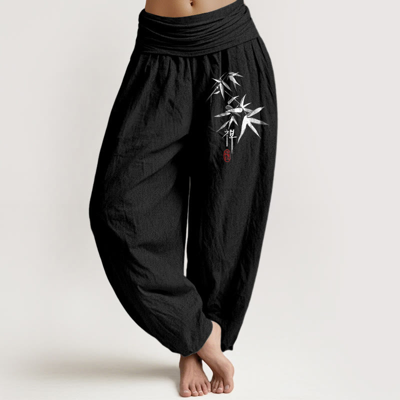 Pure Cotton Bamboo Zen Pattern Women's Elastic Waist Harem Pants