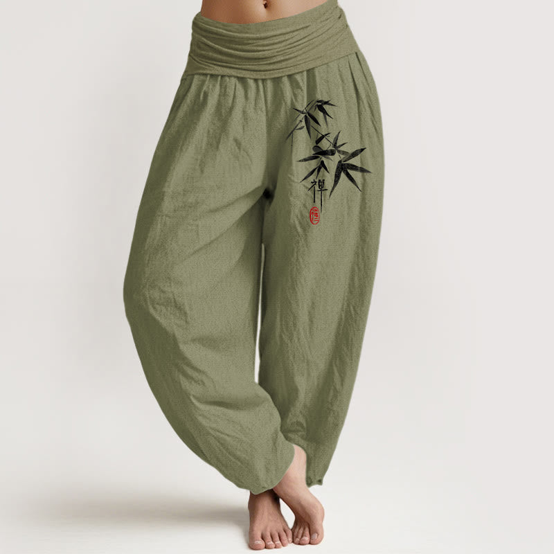 Pure Cotton Bamboo Zen Pattern Women's Elastic Waist Harem Pants