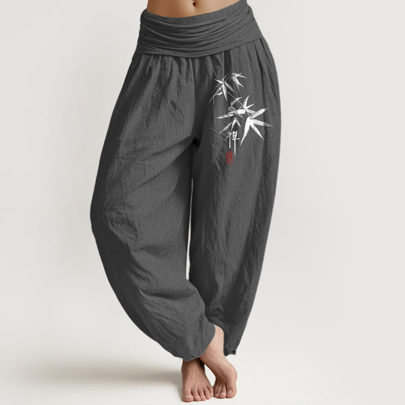 Pure Cotton Bamboo Zen Pattern Women's Elastic Waist Harem Pants