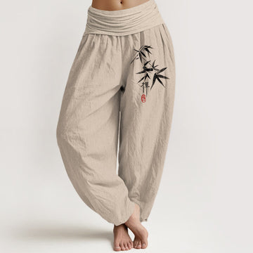 Pure Cotton Bamboo Zen Pattern Women's Elastic Waist Harem Pants