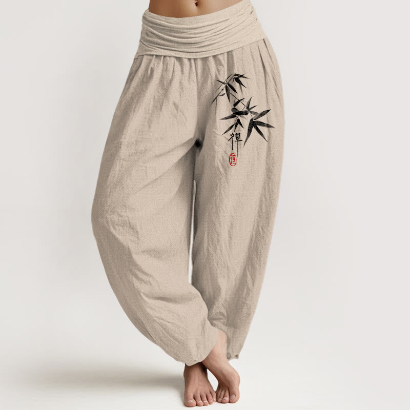 Pure Cotton Bamboo Zen Pattern Women's Elastic Waist Harem Pants
