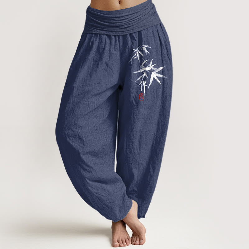 Pure Cotton Bamboo Zen Pattern Women's Elastic Waist Harem Pants