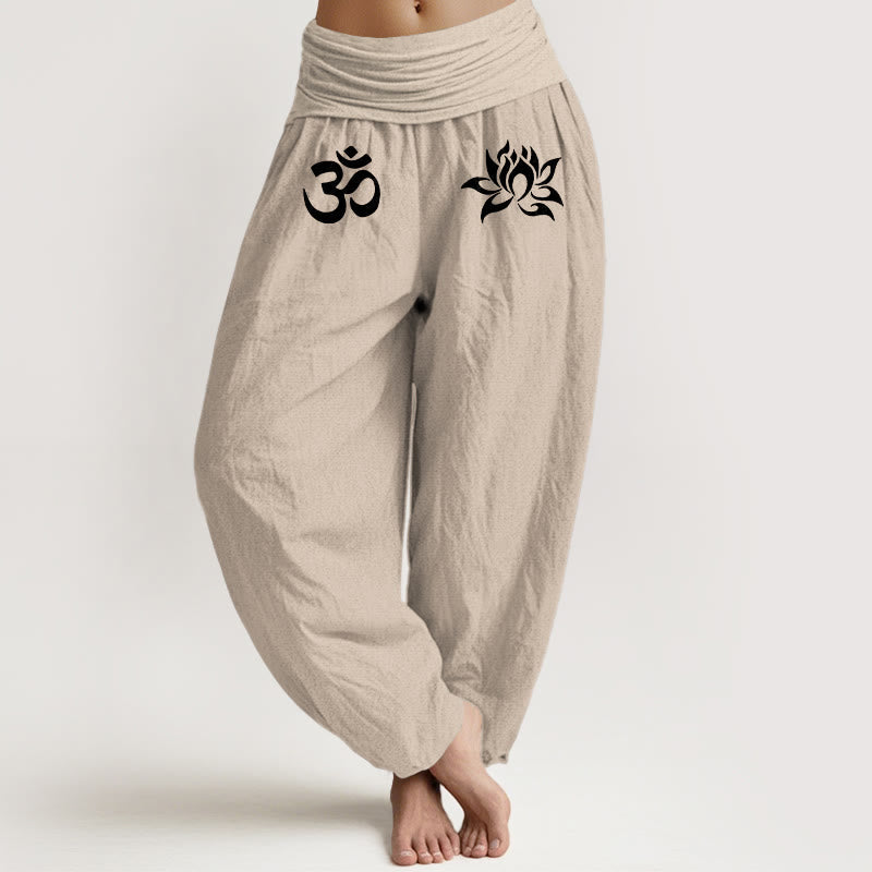 Pure Cotton Lotus Om Print Adaptive Waist Harem Meditation Pants