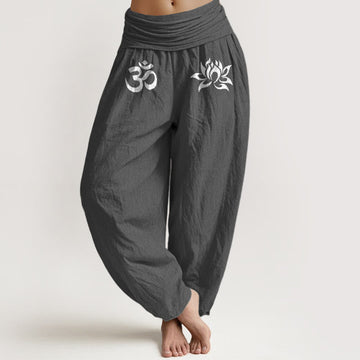 Pure Cotton Lotus Om Print Adaptive Waist Harem Meditation Pants