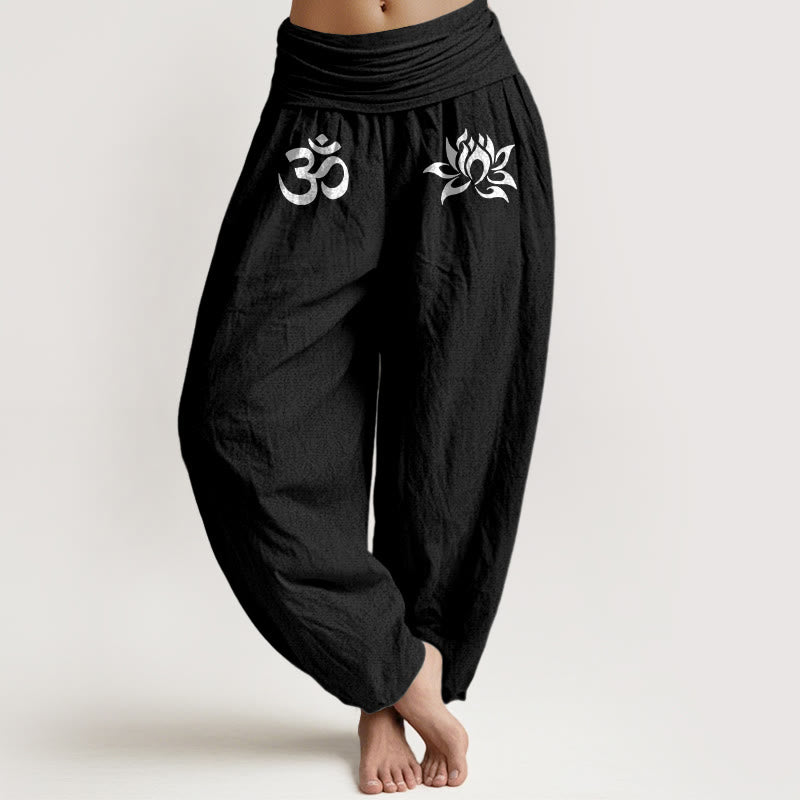 Pure Cotton Lotus Om Print Adaptive Waist Harem Meditation Pants