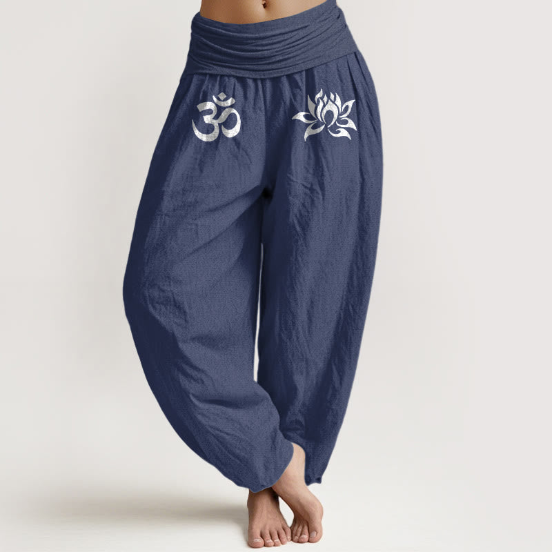Pure Cotton Lotus Om Print Adaptive Waist Harem Meditation Pants