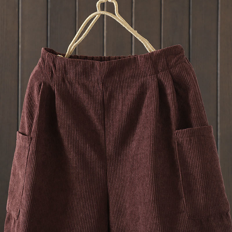Fleece-Lined High Waist Women's Wide Leg Corduroy Cotton Pants With Pockets