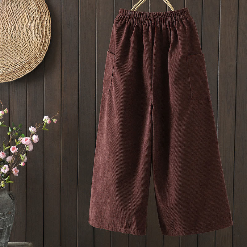 Fleece-Lined High Waist Women's Wide Leg Corduroy Cotton Pants With Pockets