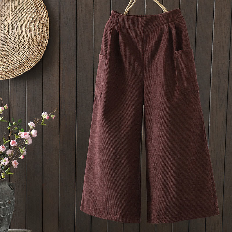 Fleece-Lined High Waist Women's Wide Leg Corduroy Cotton Pants With Pockets