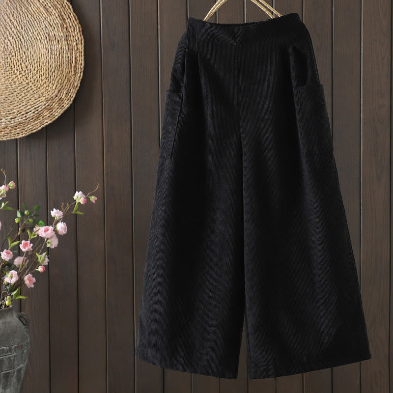 Fleece-Lined High Waist Women's Wide Leg Corduroy Cotton Pants With Pockets