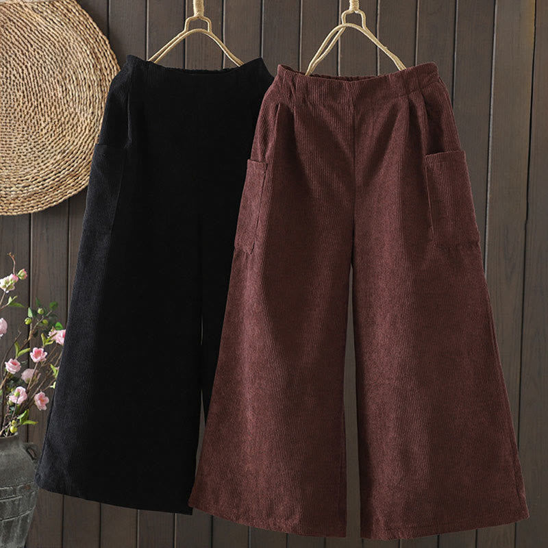Fleece-Lined High Waist Women's Wide Leg Corduroy Cotton Pants With Pockets