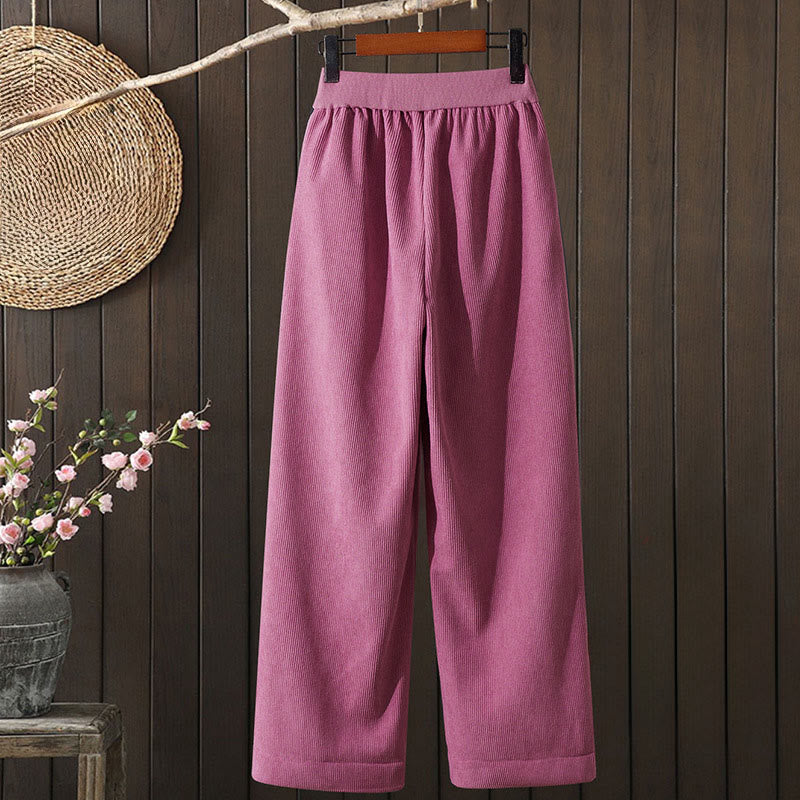 Winter Women's Wide Leg Corduroy Cotton Thermal Fleece-Lined Pants With Pockets
