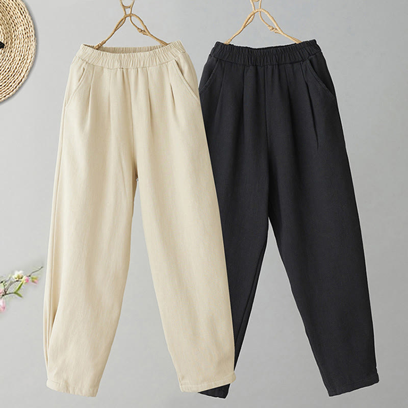 Winter Women's Cotton Thermal Fleece-Lined Ankle-Length Pants With Pockets