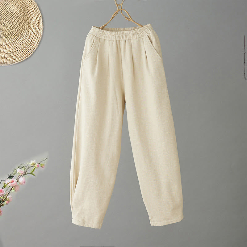 Winter Women's Cotton Thermal Fleece-Lined Ankle-Length Pants With Pockets