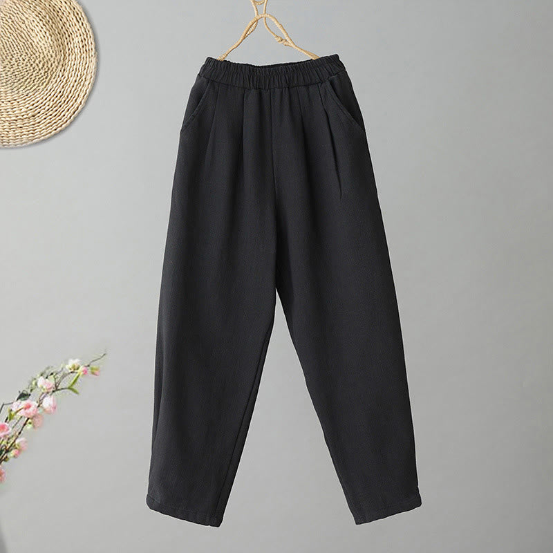 Winter Women's Cotton Thermal Fleece-Lined Ankle-Length Pants With Pockets