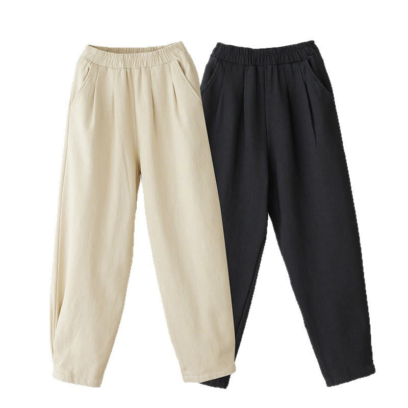 Winter Women's Cotton Thermal Fleece-Lined Ankle-Length Pants With Pockets