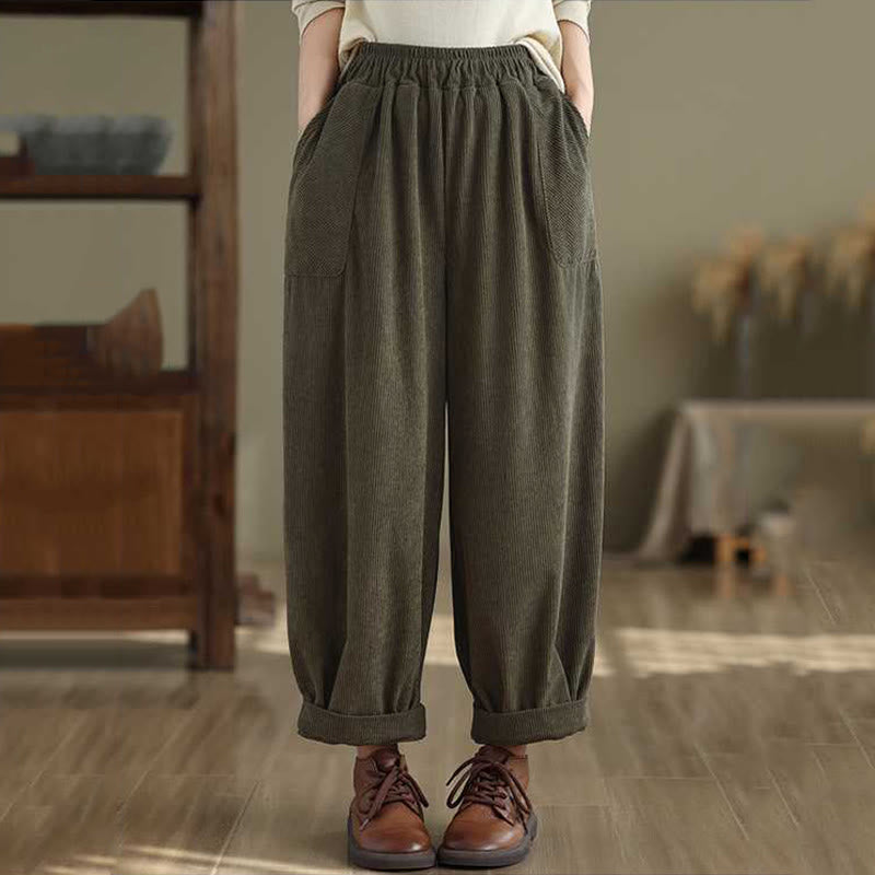 Tactile Corduroy Slim-Fit Carrot Harem Pants for Mindful Movement