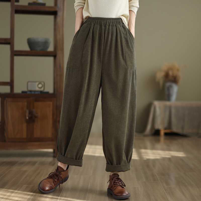 Tactile Corduroy Slim-Fit Carrot Harem Pants for Mindful Movement