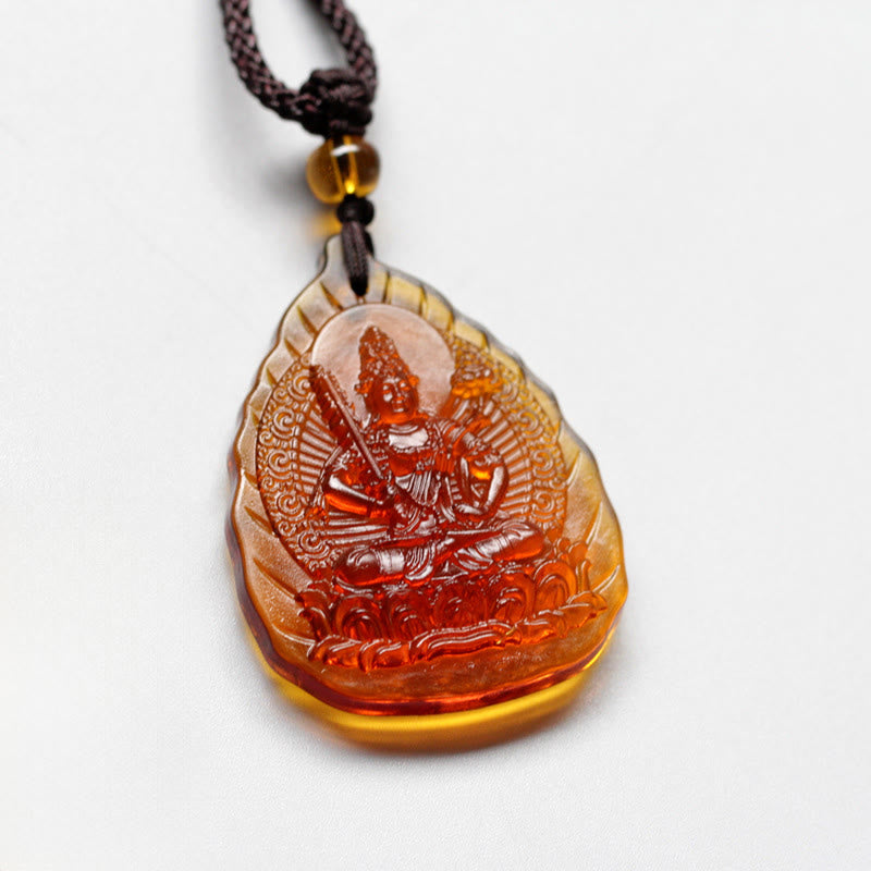 Liuli Crystal Chinese Zodiac Natal Buddha Protection Leaf Shape Necklace Pendant