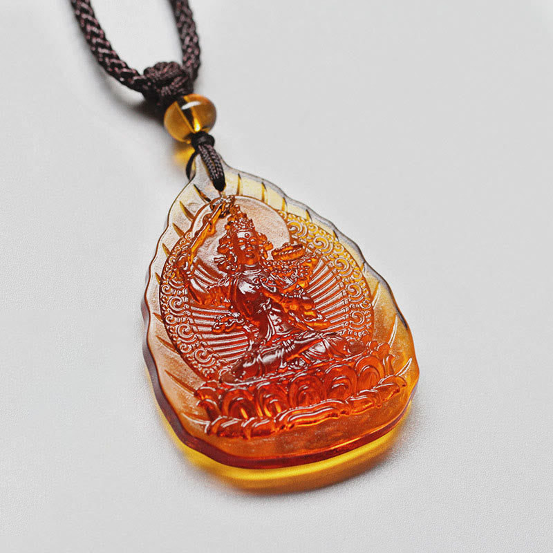 Liuli Crystal Chinese Zodiac Natal Buddha Protection Leaf Shape Necklace Pendant