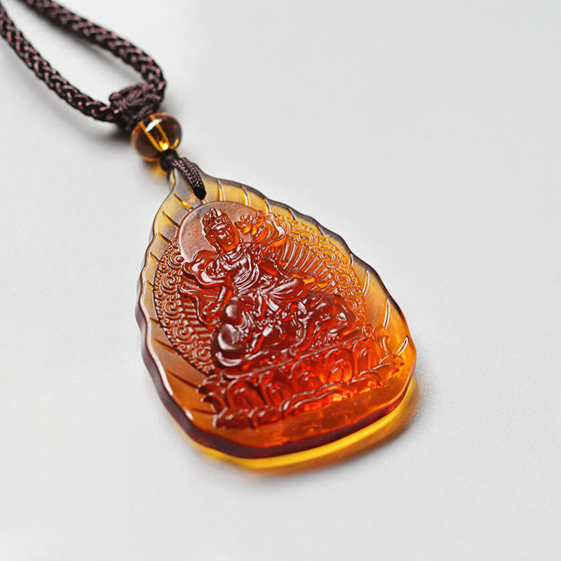Liuli Crystal Chinese Zodiac Natal Buddha Protection Leaf Shape Necklace Pendant