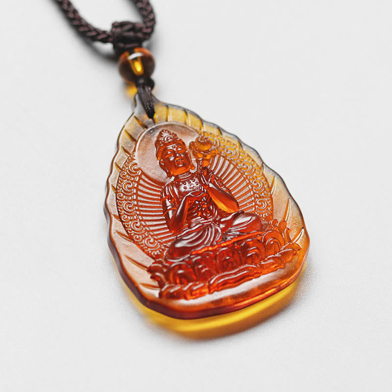 Liuli Crystal Chinese Zodiac Natal Buddha Protection Leaf Shape Necklace Pendant