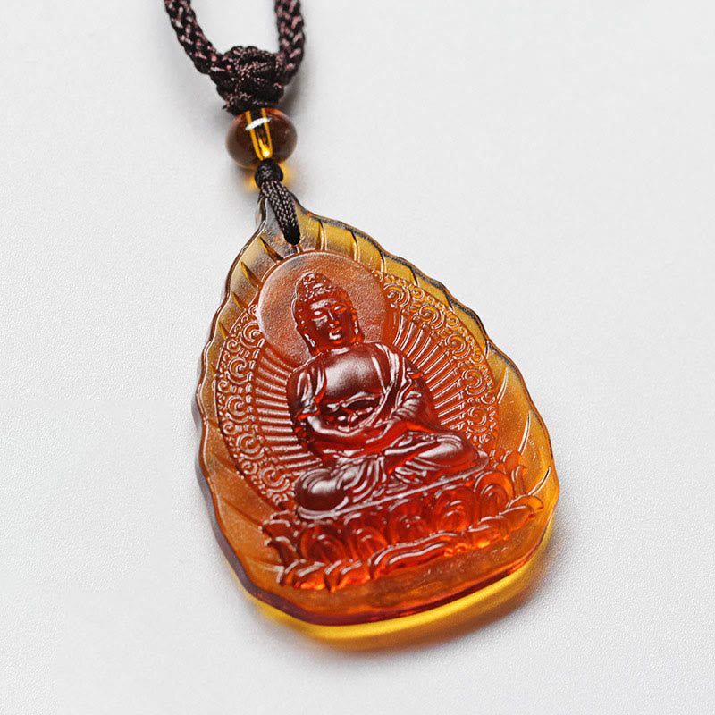 Liuli Crystal Chinese Zodiac Natal Buddha Protection Leaf Shape Necklace Pendant