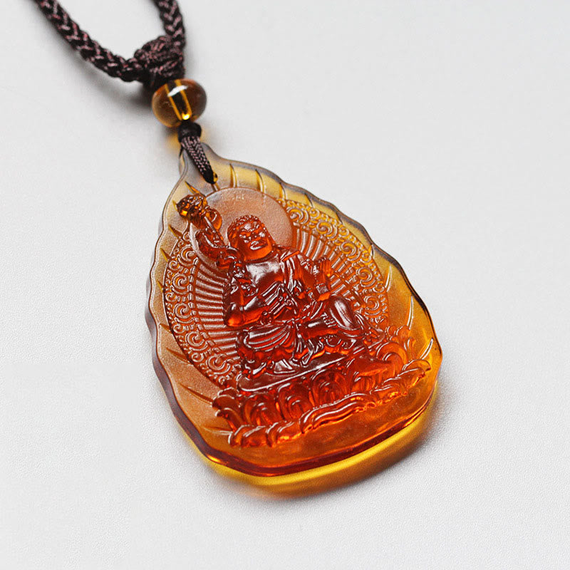 Liuli Crystal Chinese Zodiac Natal Buddha Protection Leaf Shape Necklace Pendant