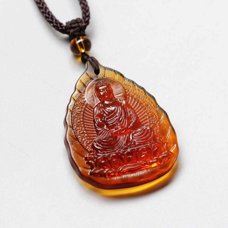 Liuli Crystal Chinese Zodiac Natal Buddha Protection Leaf Shape Necklace Pendant