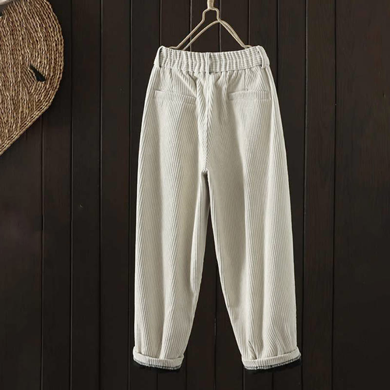 Women's Winter Plain Corduroy Cotton High Waist Fleece-Lined Harem Pants With Pockets
